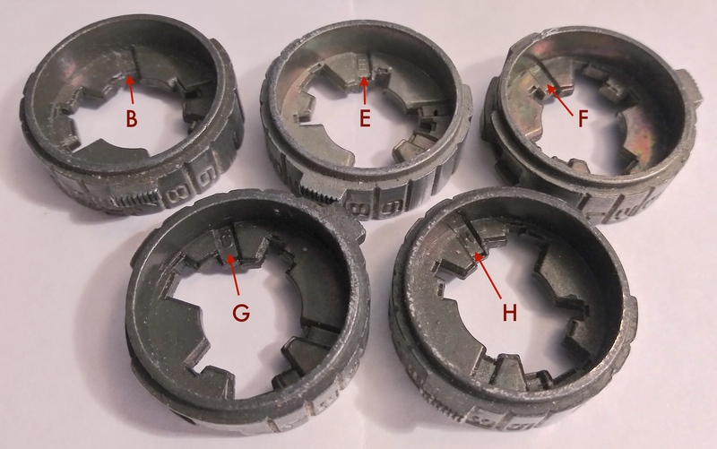 Photo showing code wheels B, E, F, G and H